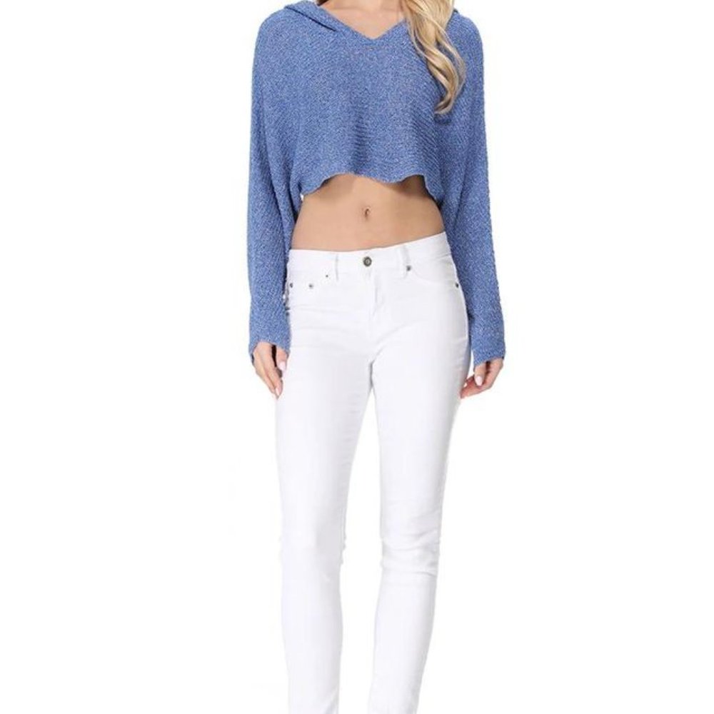 Yemak Women's Long Sleeve Knit Cropped Sweater Summer Pullover with Hoodie